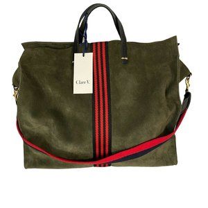 Clare V. Vivier Simple Tote Suede Stripe, Army Green/Red Stripe Tote Bag Large